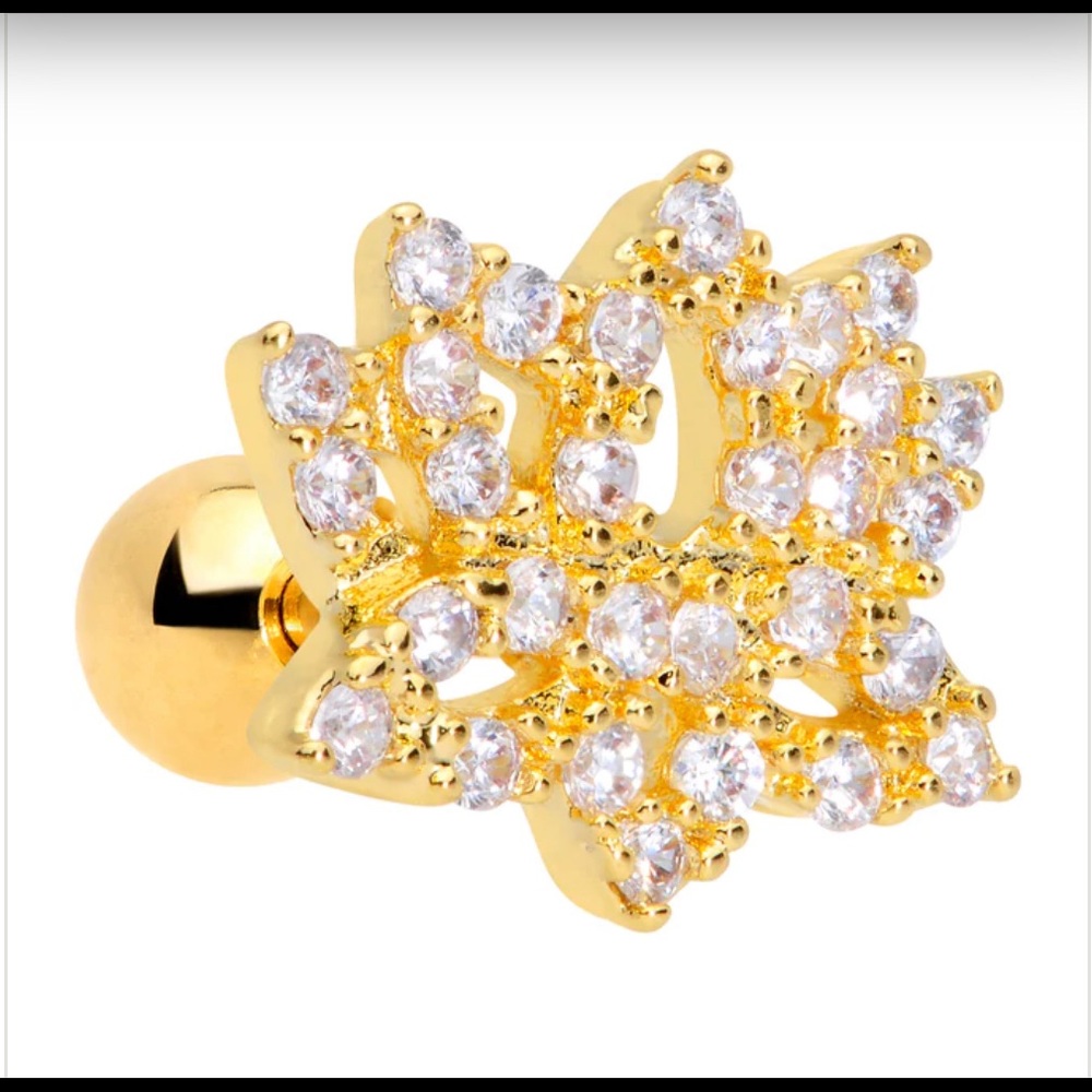 16 Gauge 1/4 Clear CZ Gem Gold Tone Lotus Flower Cartilage Tragus